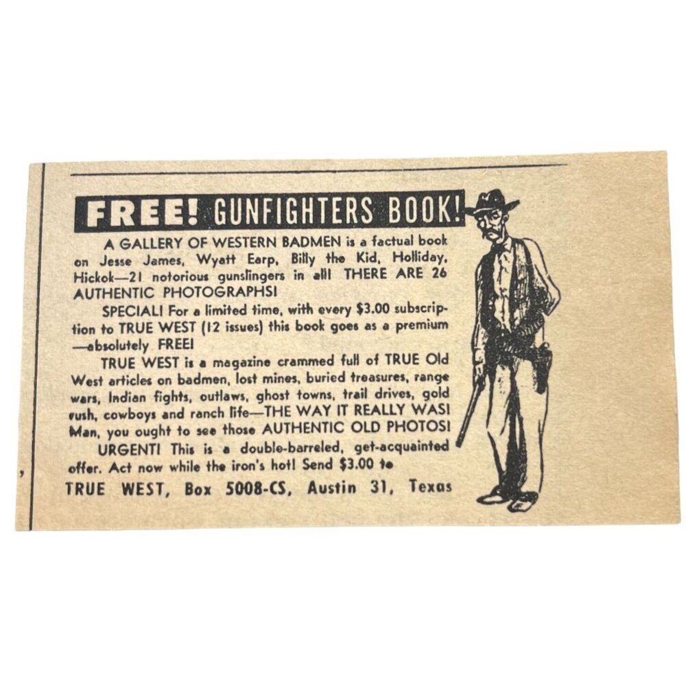 Gunfighter Book Mini Print Ad Vintage 1950s Gallery of Western Badmen True West